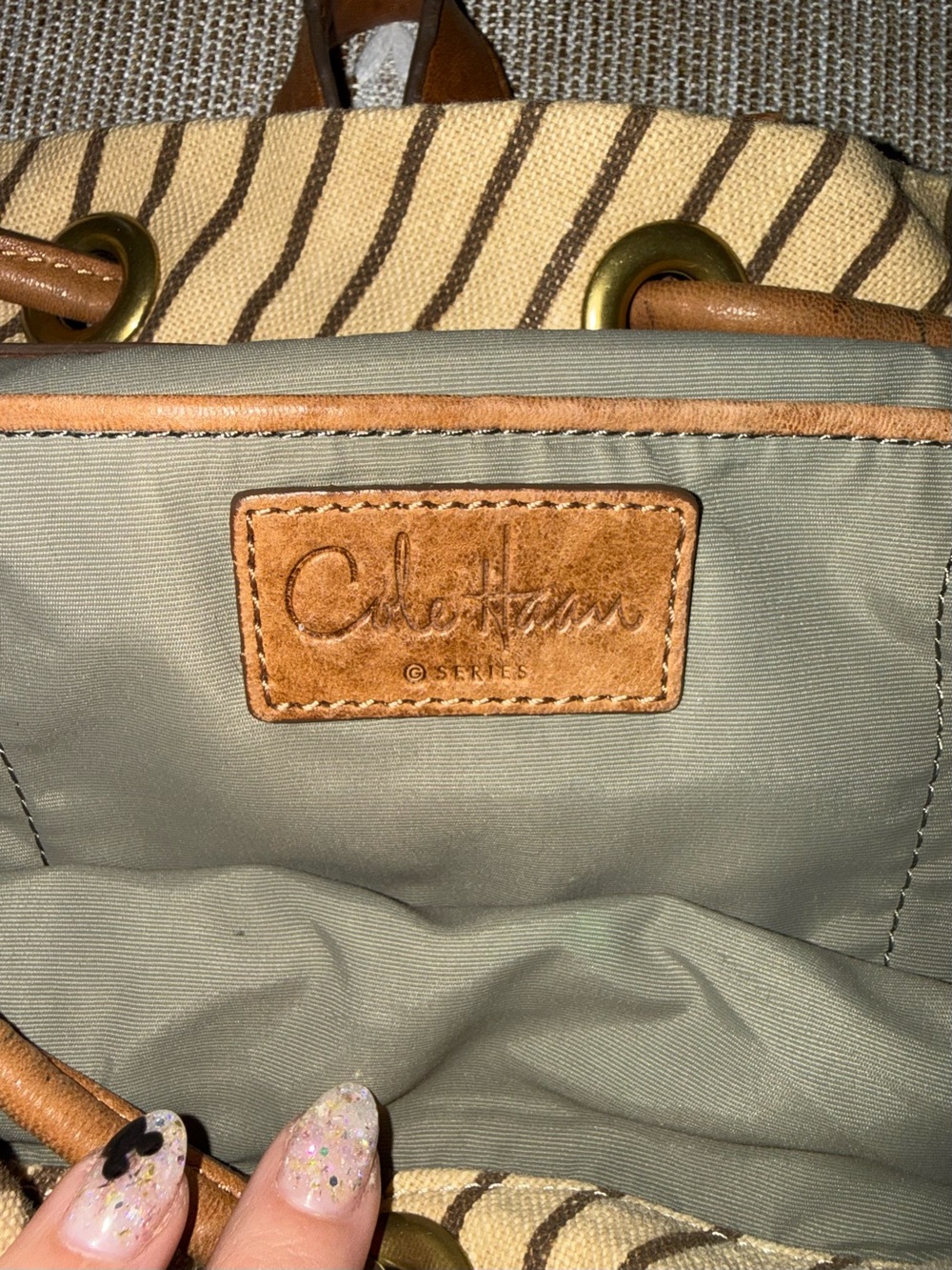Vintage Cole Haan G Series Convertible Backpack Tote Bag Striped Canvas Leather - Picture 6 of 6